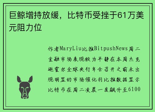 巨鲸增持放缓，比特币受挫于61万美元阻力位