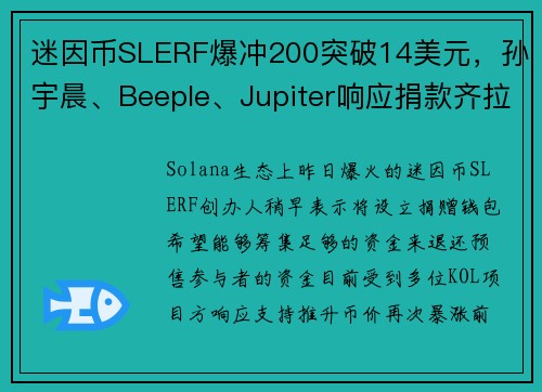 迷因币SLERF爆冲200突破14美元，孙宇晨、Beeple、Jupiter响应捐款齐拉